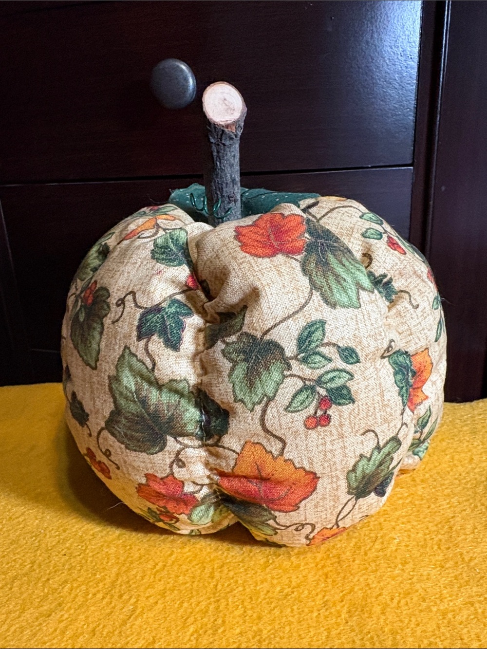 Fabric Autumn Pumpkin Pillow - Neutral with Green and Orange Floral Print
